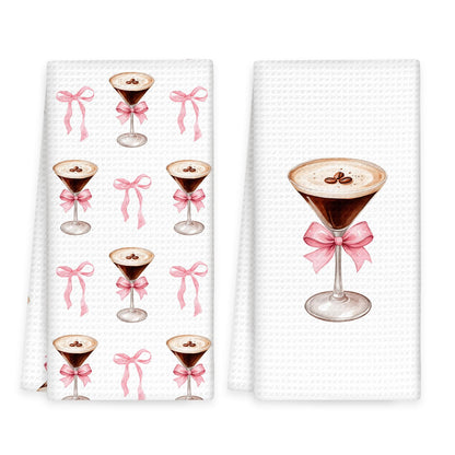 OINDADE Espresso Martini Decor Kitchen Towels Set of 2 - Coquette Bow Espresso Martini Gifts Hand Towel, Pink Bow EspressoMartini Dish Tea Towels for Kitchen Home Bar Cart Decor, 16x24In