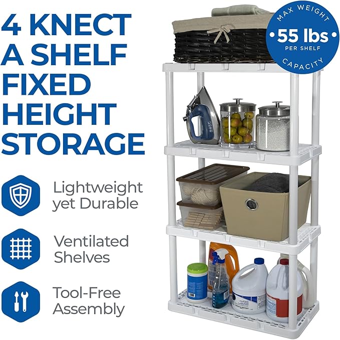 Gracious Living 4 Pack Light Duty Storage Shelves, Knect-A-Shelf 4-Shelf Ventilated Shelving Rack Organizer for Home, Garage, Basement & Laundry, White
