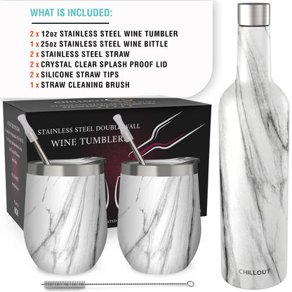 CHILLOUT LIFE 12 oz Stainless Steel Wine Tumblers 2 Pack & 1 Insulated Wine Bottle - Double Wall Vacuum Insulated Wine Glasses Cups with Lids and Straws Set Keeping Cold & Hot Gift Set