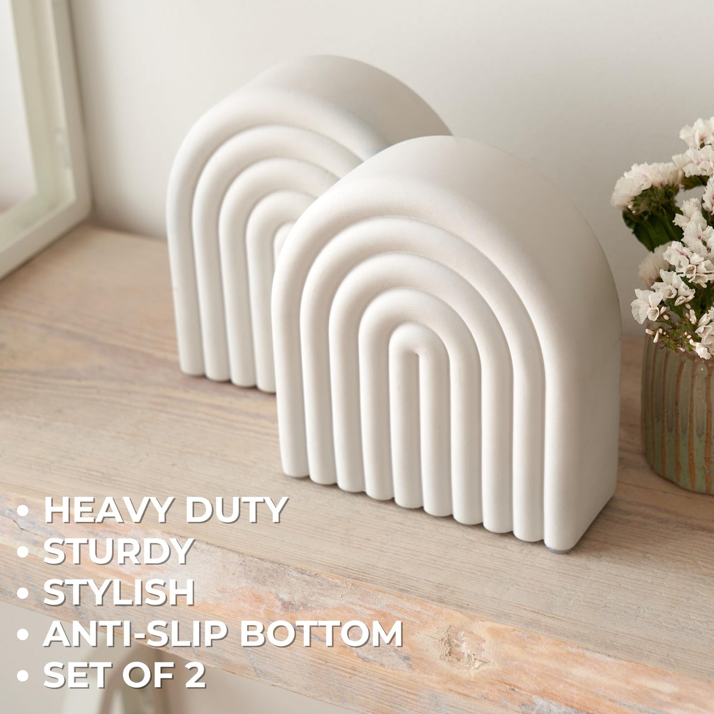 Decorative Concrete Bookends for Heavy Books – Stylish Set of 2, Ideal for Any Bookshelf – Aesthetic Book Holder/Stopper with Anti-Slip Pads for Chic Home, Office, or Library Decor