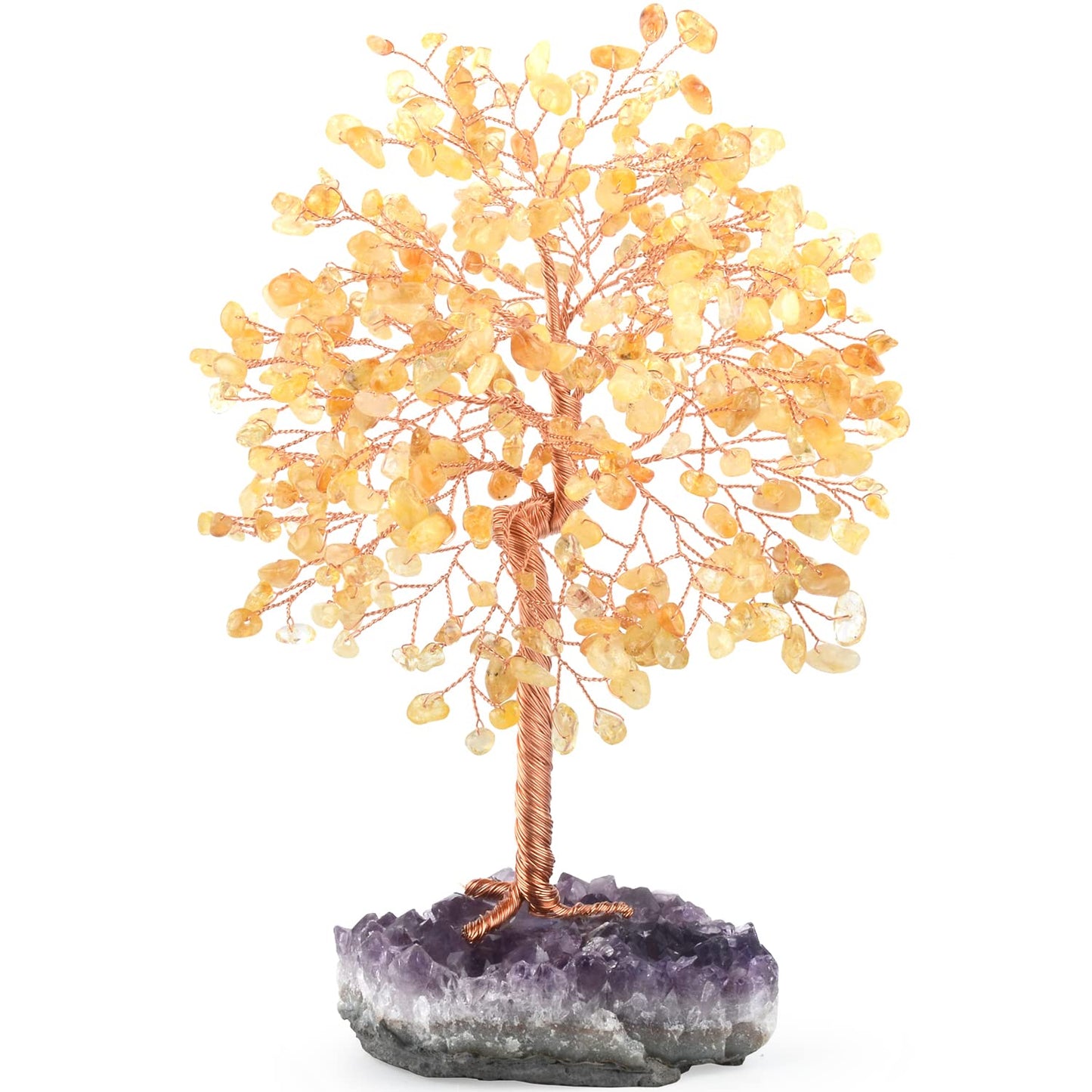 MASGEMES Gemstone Crystal Tree of Life,Natural Citrine(406 Stones Count) with Amethyst Cluster Base,Chakra Healing Crystals Positive Energy Fengshui Bonsai Money Tree Gift 8.5"-9"