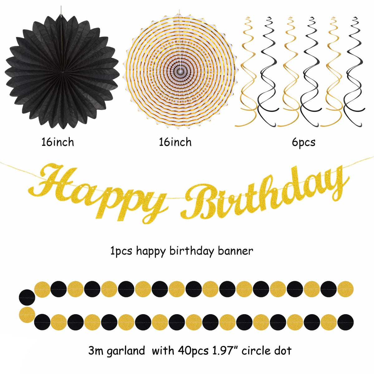 Black Gold Women-Men Birthday Party-decorations - 21pcs Happy Banner,Paper Streamers Lanterns Honeycomb,Tissue Pom Poms Fan,Classroom Birthday Supplies Decor Huglony