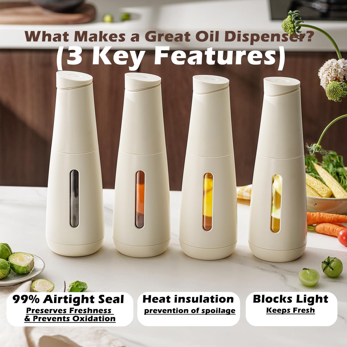 3-Seal Lock Oil & Vinegar Dispenser, 16oz Heat Insulated Bottle, 304 Stainless Steel No-Drip Spout.(Kitchen) Airtight for Olive Oil, Vinegar, Soy Sauce (White)