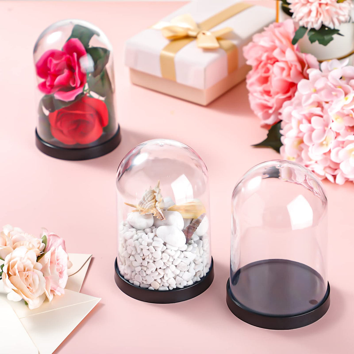 Zhengmy Plastic Dome Display Case Cloche Bell Jar with Base Clear for Collectibles Rose Office Home Tabletop Centerpiece Decoration(2 Pieces)