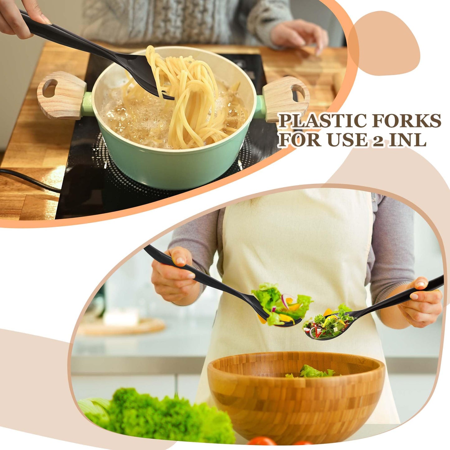 Mwellewm 32Pcs Serving Spoons 10'' Large Plastic Serving Utensils Set Slotted Disposable Serving Forks Heavy Duty Black Party Supplies for Buffet Restaurant Dinner Salad Noodles Soup
