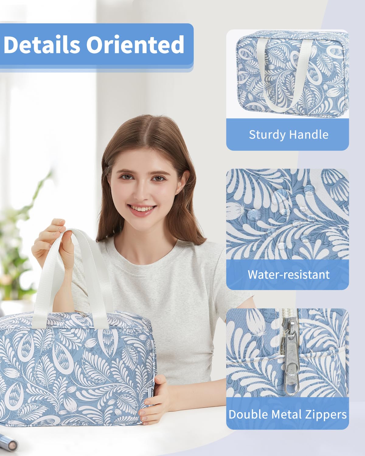 Full Size Toiletry Bag Large Cosmetic Bag Travel Makeup Bag Organizer for Women (Blue Leaf)
