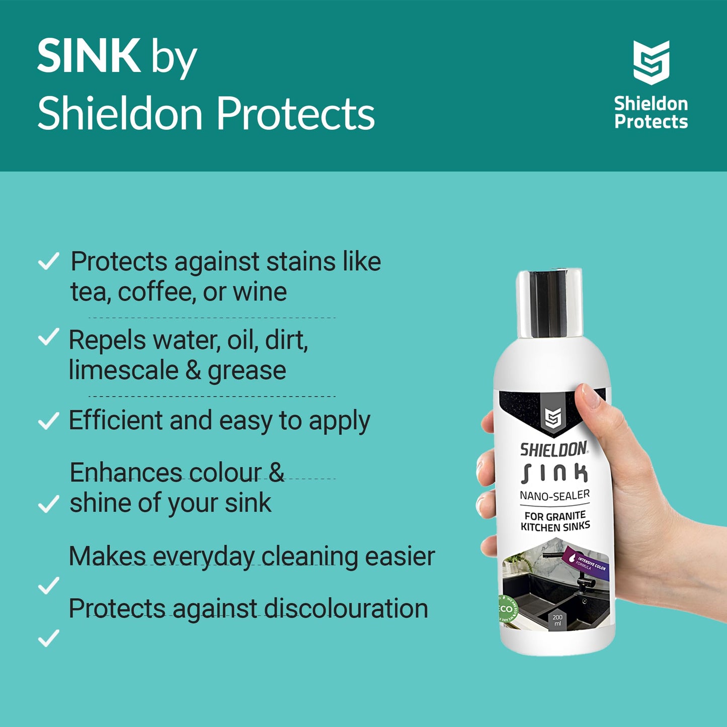 Composite Sink Sealer Set by Shieldon Protects for Granite, Quartz, & Composite Kitchen Sink - Waterproof Sealer, Cleaning Spray for All Sink Colours