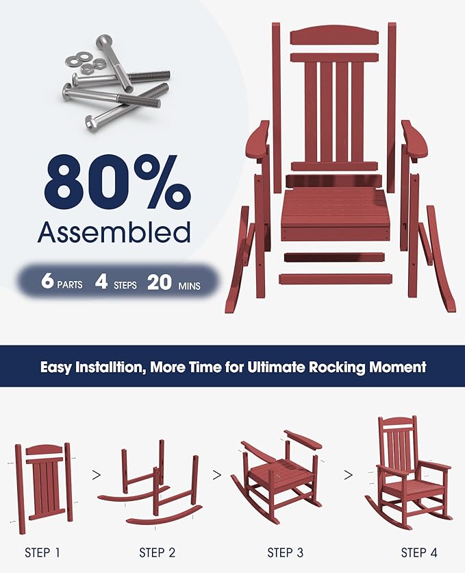 KINGYES Outdoor Rocking Chair Set of 2, High Density Polyethylene Patio Rocking Chairs with 330lbs Support for Adults, Dark Red