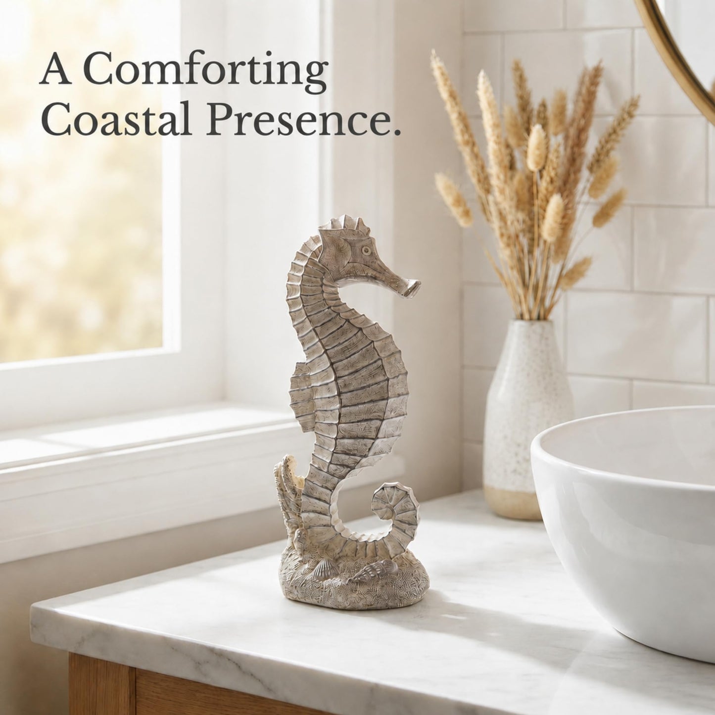 The Bridge Collection Decorative Seahorse Figurine – Coastal Seahorse Statue with Textured Ocean Detail – Nautical Beach House Decor Accent