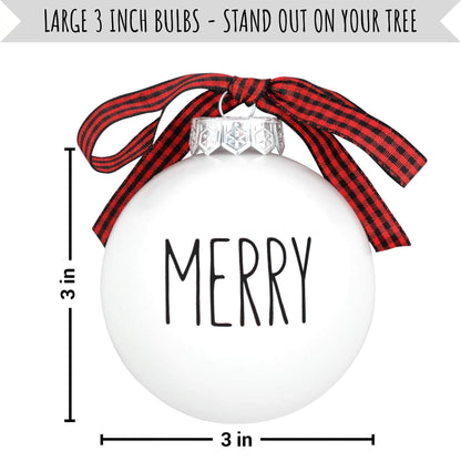 Buffalo Plaid Christmas Tree Ornaments - Set of 9 Shatterproof Bulbs - Farmhouse Word Ornaments - Compatible with Rae Dunn Rustic Decorations - Matte White Bulbs with Red & Black Buffalo Check Bows