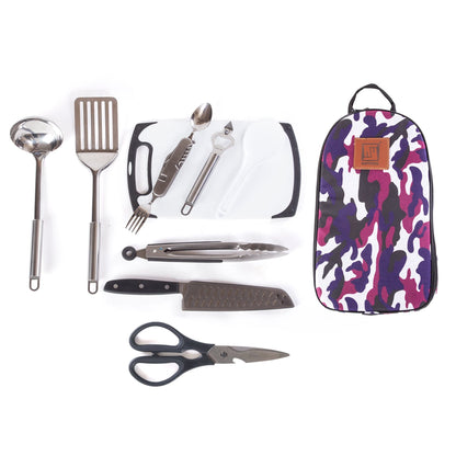 Wellmax 10-Piece Stainless Steel Camping Cooking Set – Compact All-in-One Cookware Kit with Utensils & Travel Bag for Campers, Hikers, Outdoor Adventures, Purple Camo Color