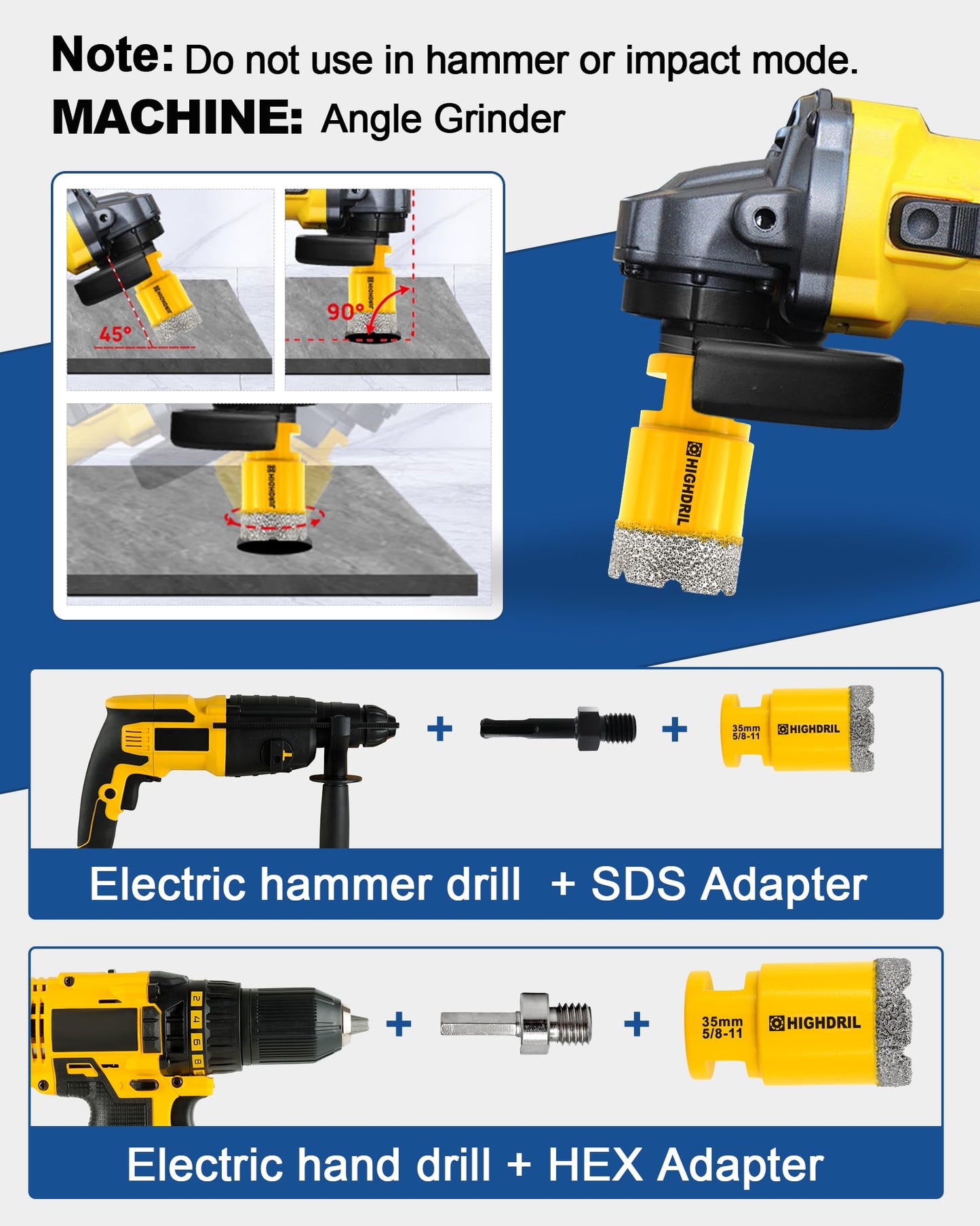 HIGHDRIL 13Pcs Diamond Hole Saw Kit and Dry Diamond Tile Drill Bit with Hex Shank