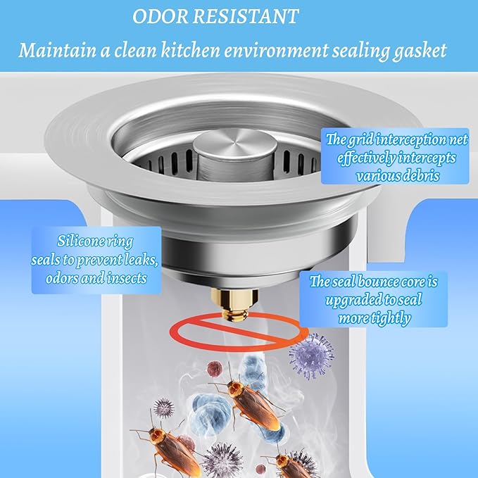 3 in 1 Kitchen Sink Drain Strainer, Universal Stainless Steel Kitchen Sink