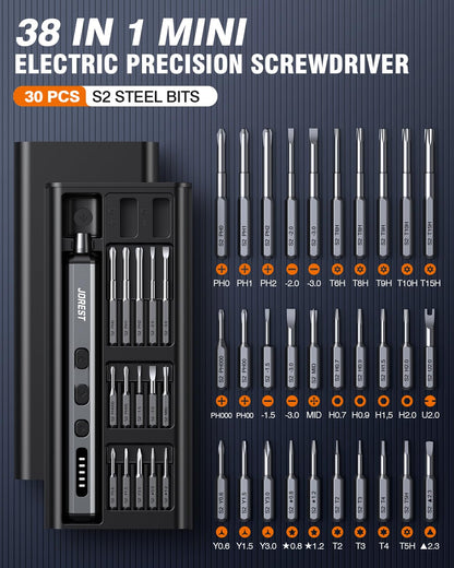 JOREST Mini Electric Screwdriver,Cordless Precision Screwdriver set with 38-in-1 Magnetic Bits, 5 Torque Settings, Repair Tool for iPhones, Laptop, Drone, Game Console, Camera;Birthday Gift for Father