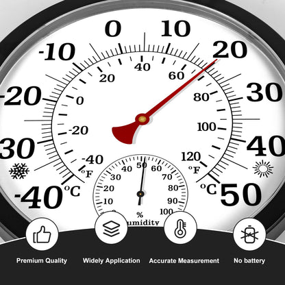 Indoor Outdoor Thermometer Hygrometer - 10 Inch Analog Thermometer Hygrometer Room Temperature Humidity Meter Wall Hanging Thermometer for Patio