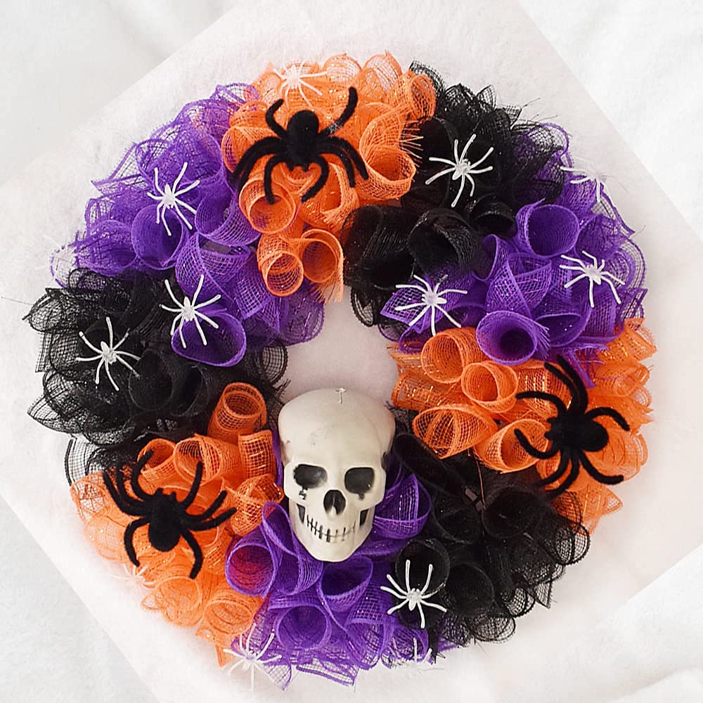 NBHH Halloween Mesh Ribbon Deco Fall Metallic Foil Black Purple Orange Green Border Striped Deco Mesh Wire Ribbon Rolls for DIY Halloween Wreaths Decorations Wrapping Craft, 4 Rolls(6 inch Wide)