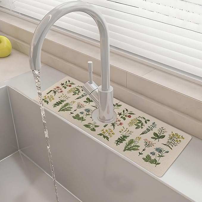 15" X 5.5" Kitchen Sink Splash Guard Faucet Mat Floral Super Absorbent Fast