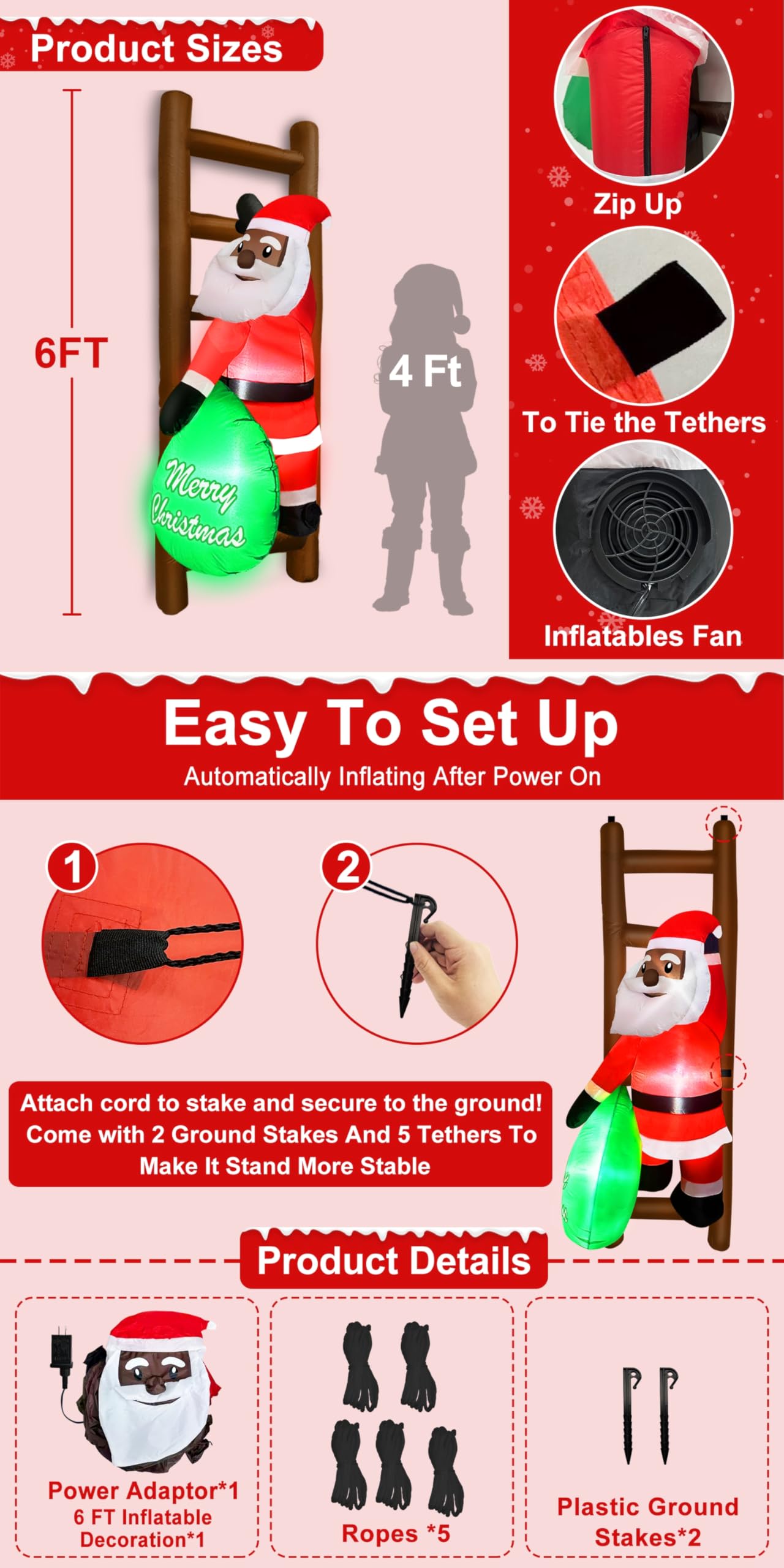 6 FT Hanging Christmas Inflatables Black Santa Claus with Gift Bag Climbing on Ladder, Blow Up African American Christmas Decorations Outdoor Build-in LED Lights for Garden Decor Xmas Holiday Party