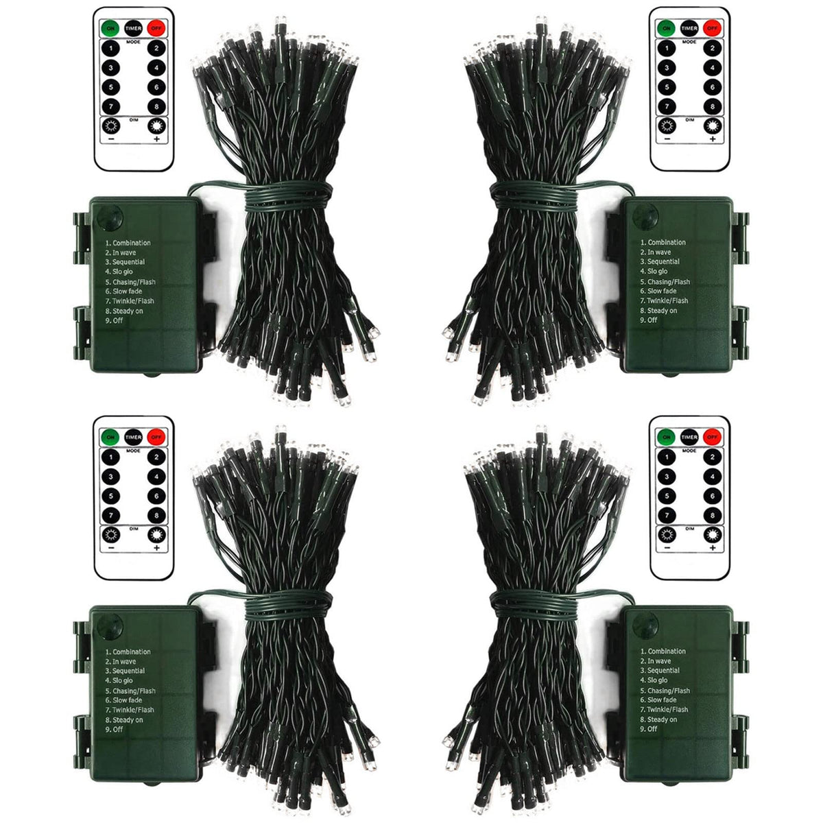 ZAIYW 4 Pack String Lights Battery Operated, Total 66Ft 200 LED Christmas Lights with Remote Timer 8 Modes Fairy String Lights Dark Green Wire for Garland Patio Garden Xmas Tree Decor (Cool White)