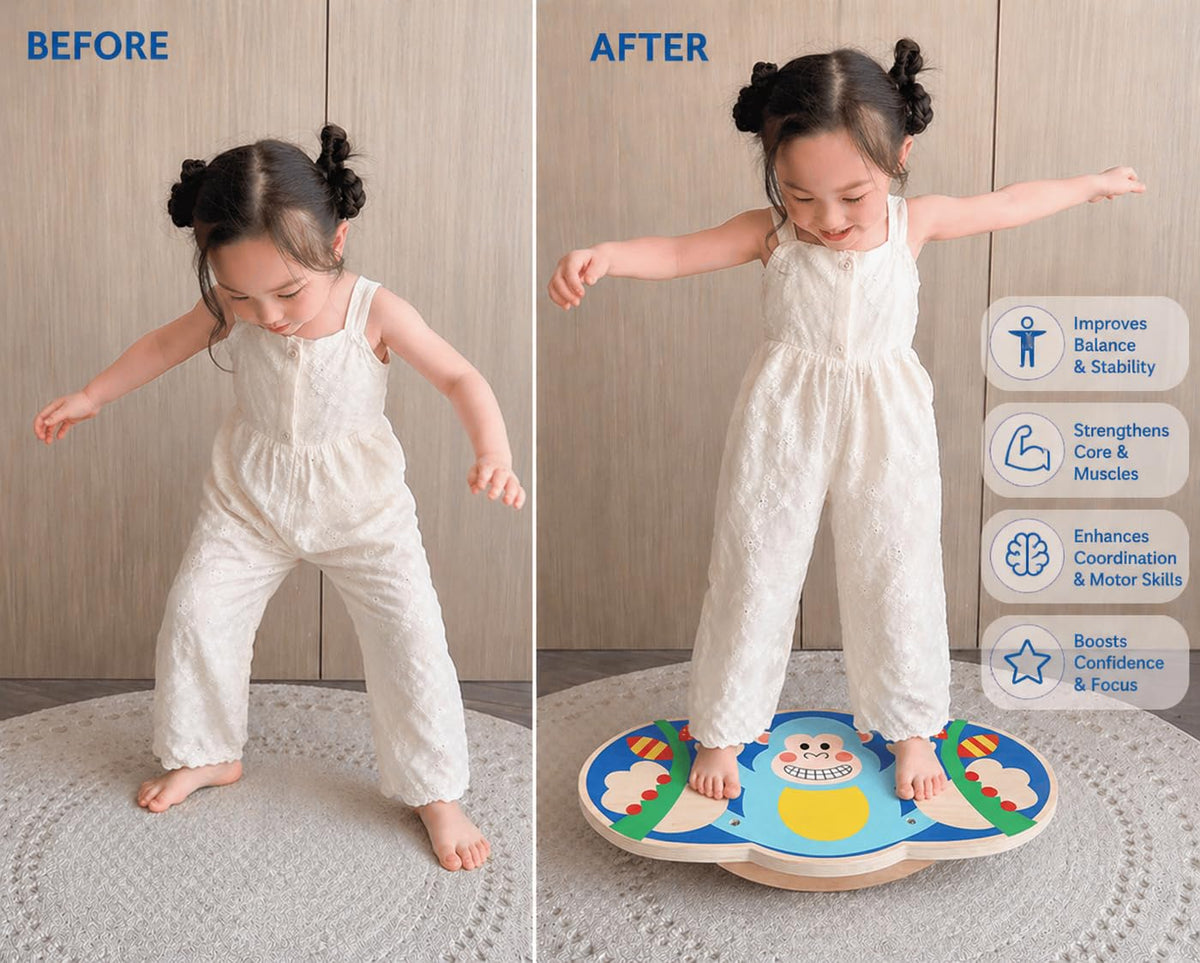 Wooden Balance Board Toy for Kids, Monkey Theme Balancing Game, Montessori Educational Toy, Active Play & Exercise