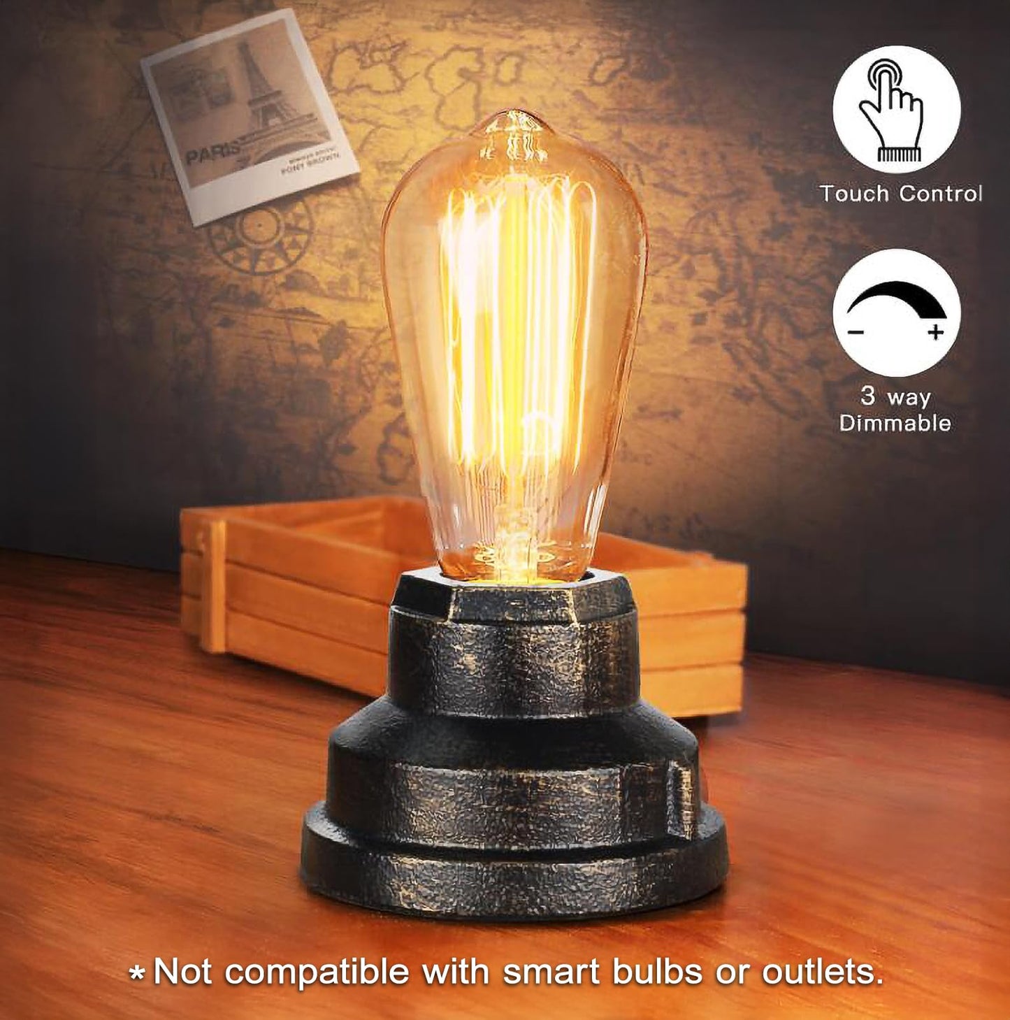Boncoo Small Touch Control Table Lamp Base, Industrial Touch Light Vintage Edison Bulb Base, Dimmable Bedside Nightstand Accent Light for Living Room Bedroom, Antique Steampunk Style