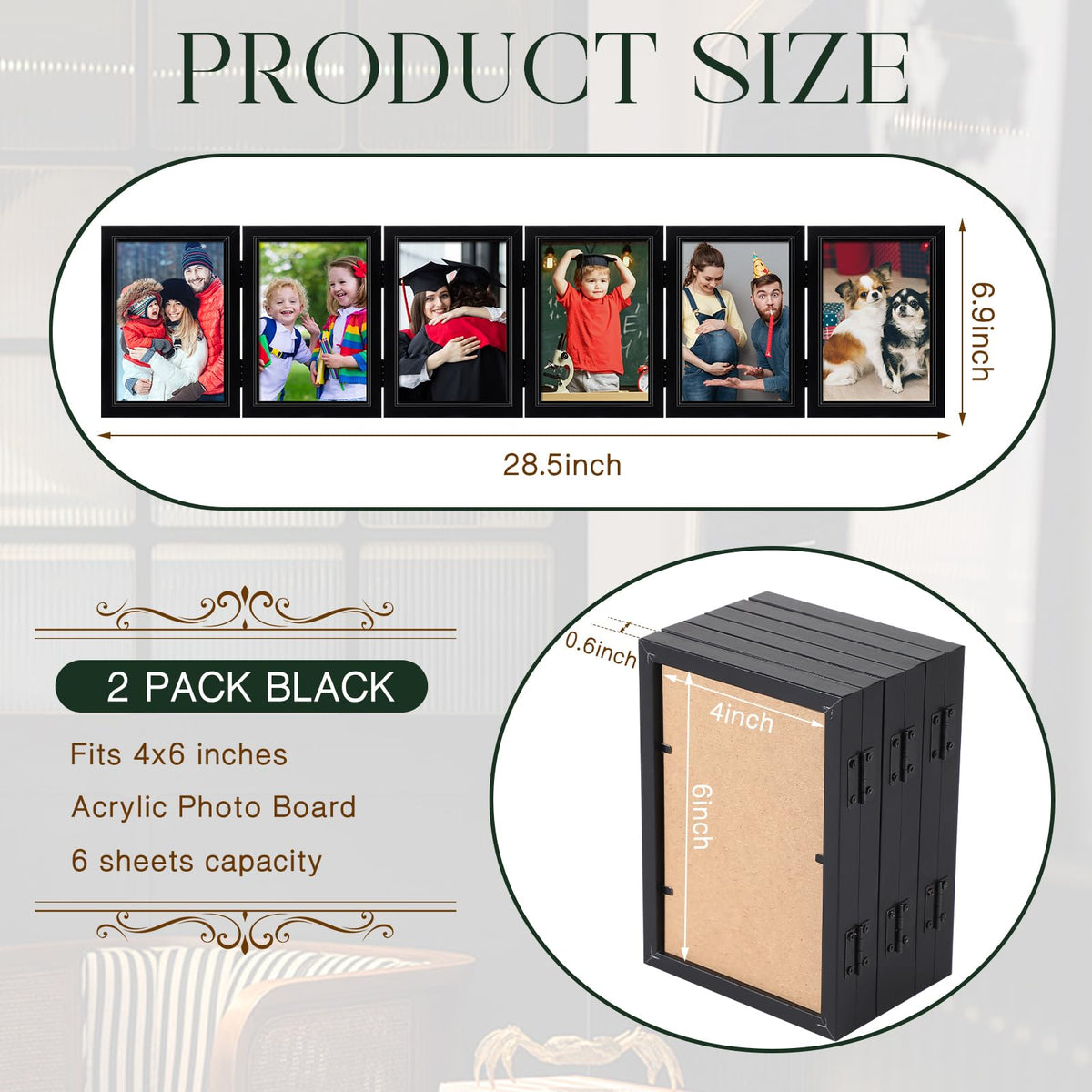 Sintuff 2 Pack 6 Folding Hinged Picture Frame Graduation Photo Frame High Definition Natural Wood Picture Collage for Desktop Display Family Graduation Birthday Mother's Day Gift(Black,4x6 in)
