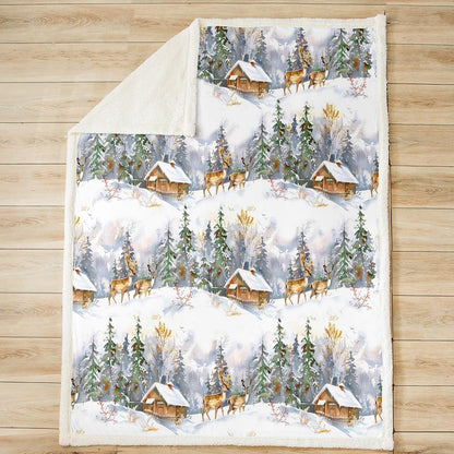 Feelyou Elk Printed Sherpa Blanket Wild Animal Pattern Fleece Throw Blanket for Sofa Couch Christmas Theme Plush Blanket Winter Nature Tree Deer Room Decor Throw 50"x60"