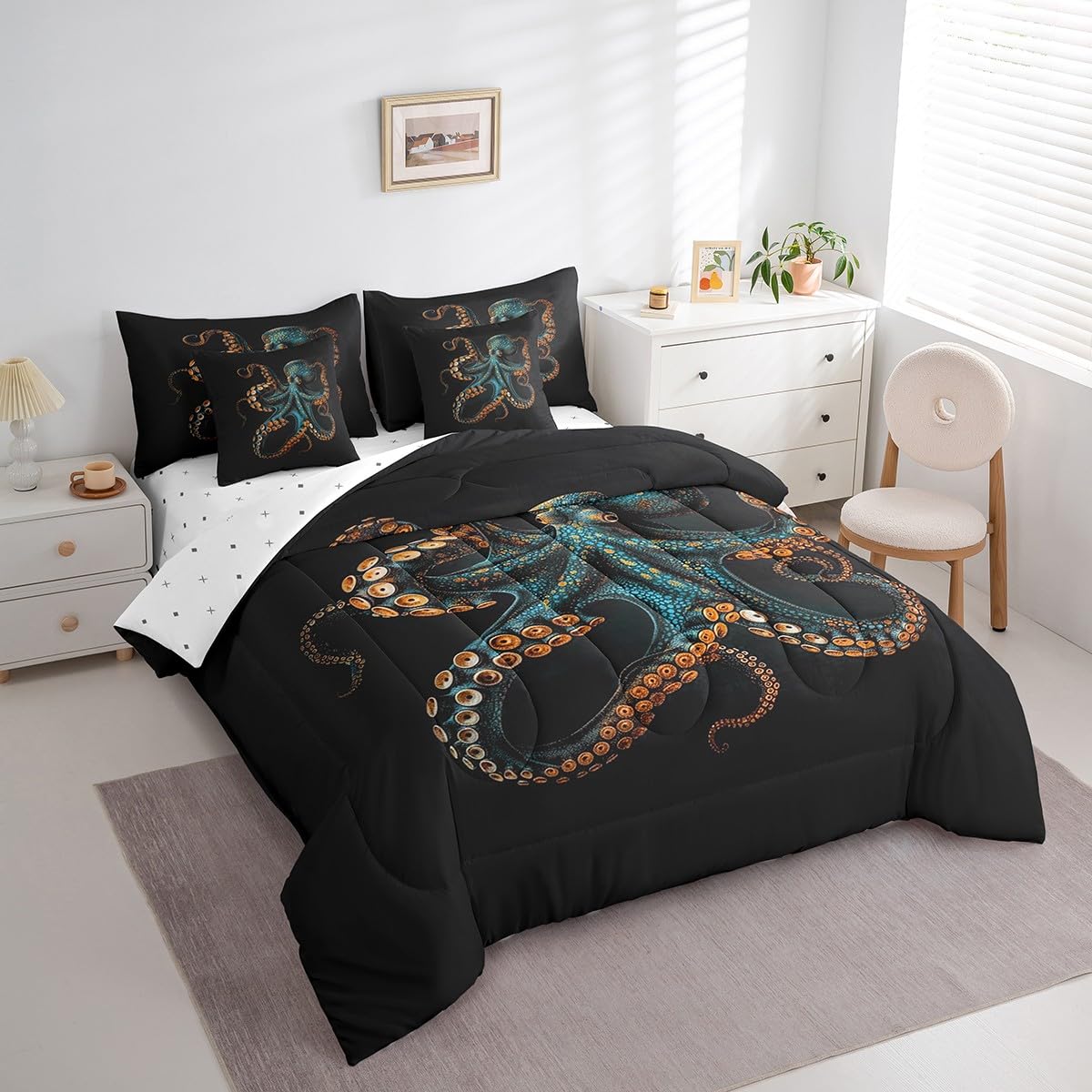 Feelyou Blue Black Octopus 7 Pieces Bedding Set Tentacles Twin Comforter Set with Sheets for Boys Girls Kids Room Decor Ocean Kraken Bed in a Bag Sealife Sea Animal Bed Set Bedroom