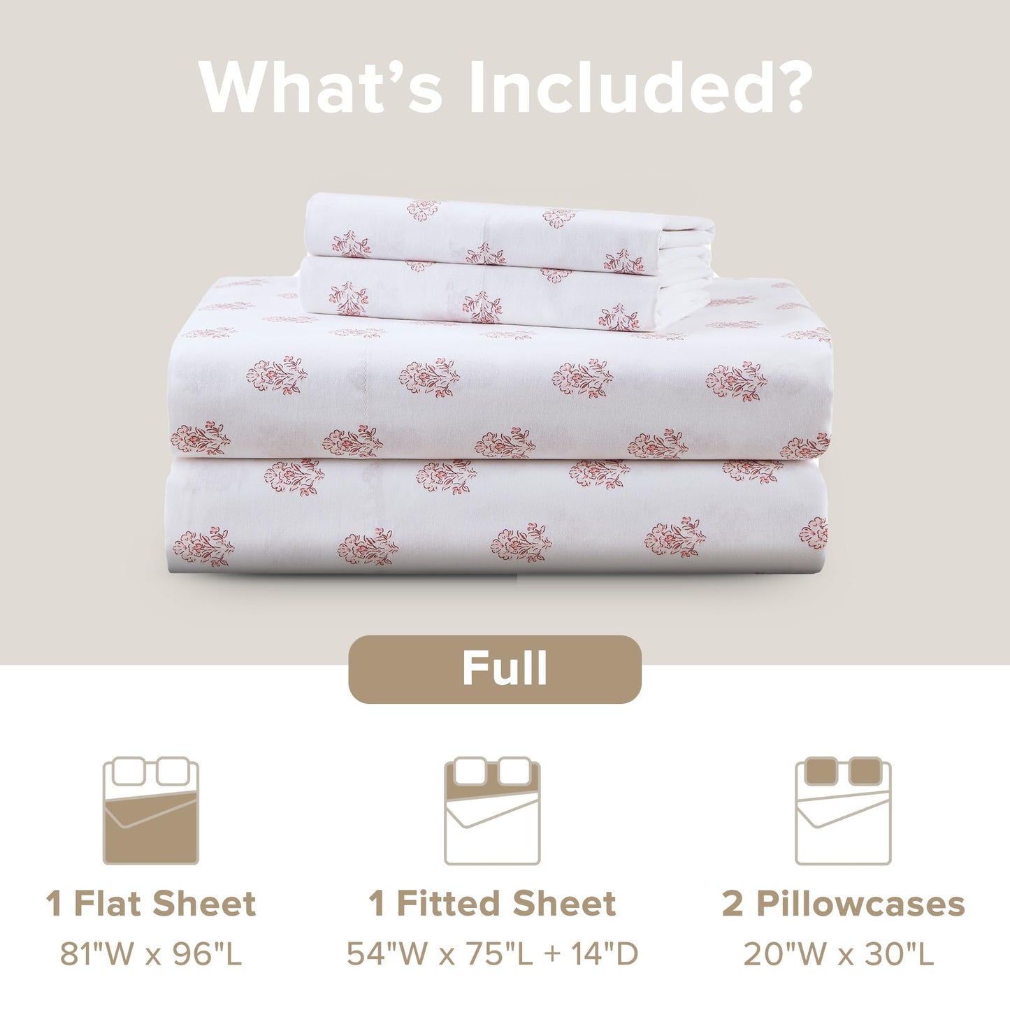 Comfort Spaces 100% Cotton Sheets Full, Breathable, Naturally Cool Cotton Sheets, Soft Cotton Bed Sheets with 14" Elastic Pocket Fits up to 16" Mattress, All Seasons Sheet Set, Floral Pink 4 Piece