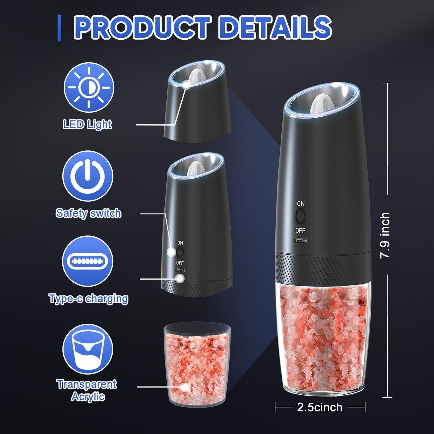 RECHARGEABLE - Gravity Electric Pepper and Salt Grinder Set, Adjustable Coarseness, With LED Light, One Hand Automatic Operation, 2 Pack-Black