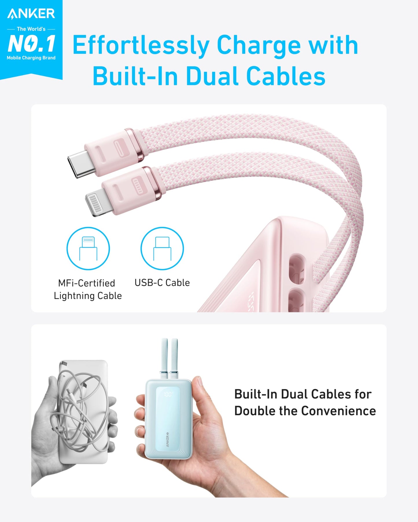 Anker Zolo Power Bank, 10,000mAh 30W Max Fast Portable Charger with Built-in USB-C and MFi Certified Lightning Cables, USB-C&A, Battery Pack for iPhone 16/15 Series, MacBook, Galaxy