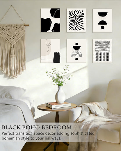 KUVIOKE Black Abstract Framed Wall Art Boho Room Decor Set of 6 Minimalist Geometric Line Art Bohemian Mid Century Modern Prints for Bedroom Living Room 8x10in (Framed)