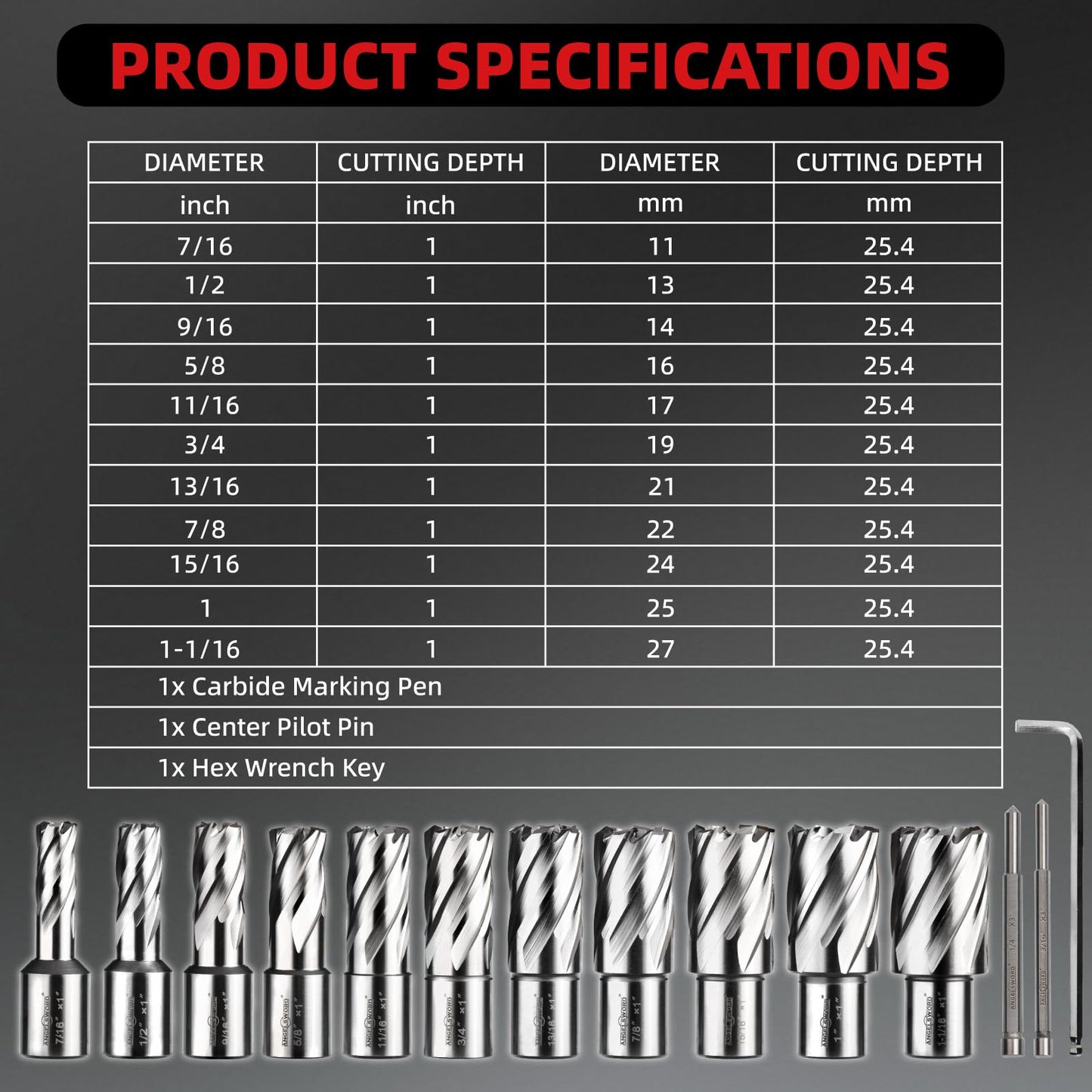 ANGELSWORD HSS Annular Cutter Set 14 Pcs, High Speed Steel, Cutting Depth 1" Cutting Diameter 7/16" to 1-1/16", Mag Drill Bits Kit for Magnetic Drill Press, with Aluminum Storage Case