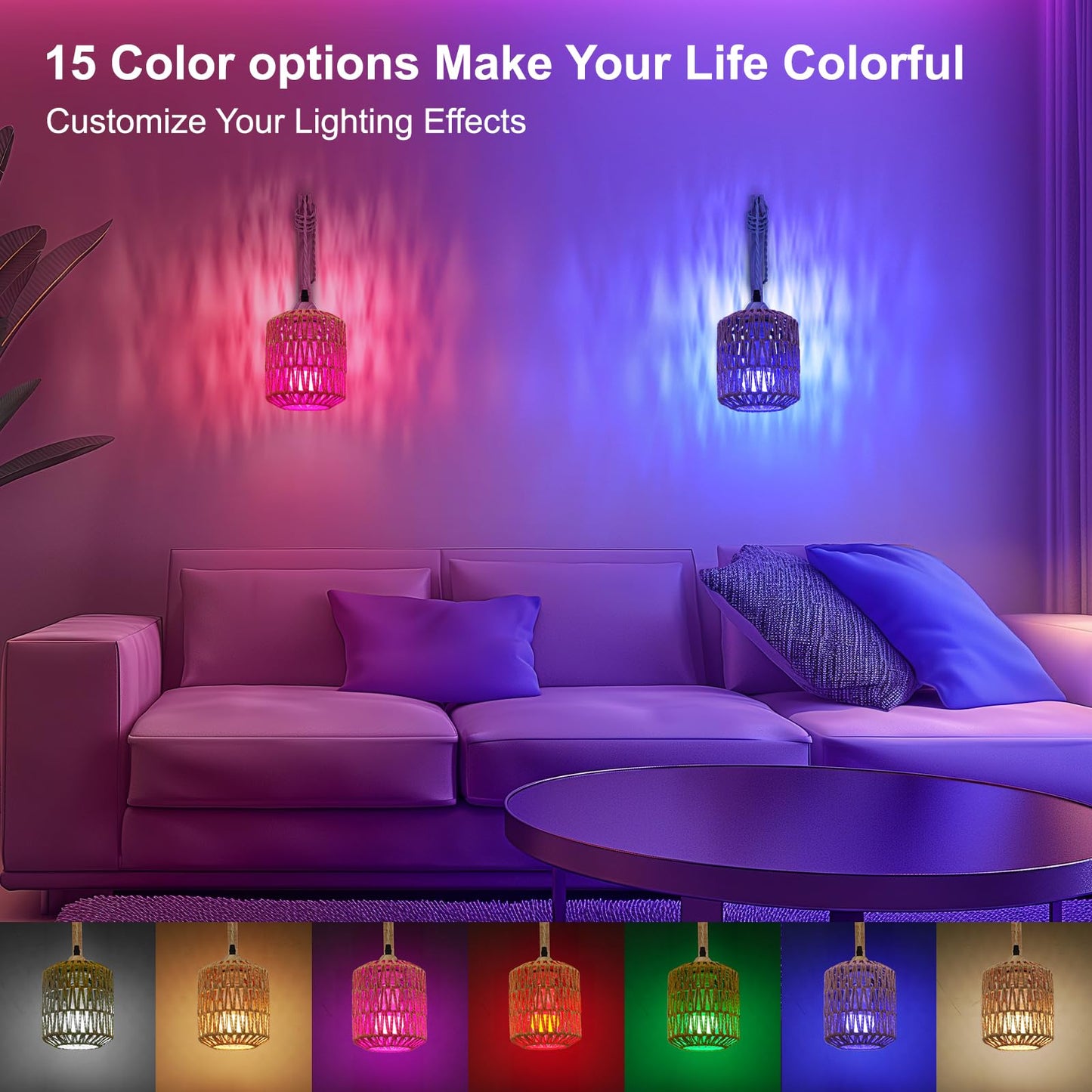 Frideko Boho Rechargeable Wall Sconces Set of Two with Remote, RGB 15 Colors Dimmable Battery Operated Wall Light, Indoor Wireless Wall Lamp with 3 Timer, Farmhouse Rattan Wall Lighting for Bedroom