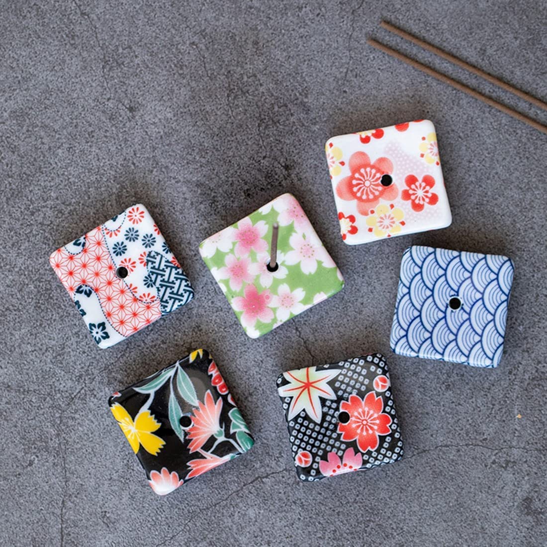 Set of 6, Small Japanese Ceramic Handmade Cute Cherry Blossom Incense Stick Holder or Incense Burner Holder, Unique Ash Catcher Inscent Tray and Decorative Gift, Home Decor 1.34 inch