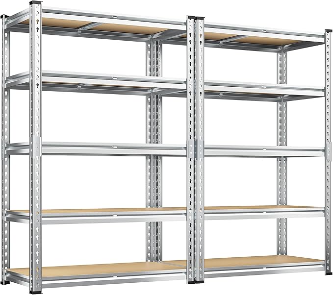 REIBII Garage Shelving, 5 Tier Storage Shelves Load 2400LBS, Adjustable Garage Shelving Heavy Duty, Metal Shelves Unit with Waterproof Columns, 35.5" W x 11.9" D x 72" H, Galvanized, 2 Pack