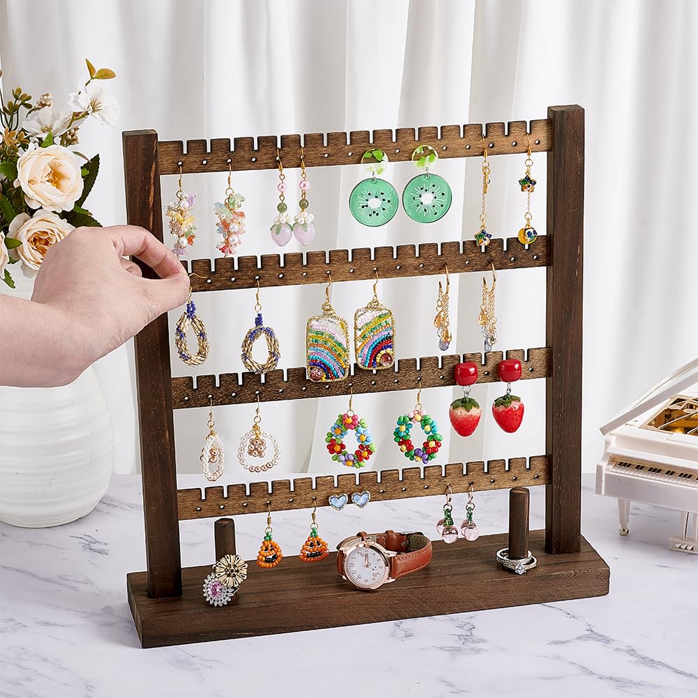 PH PandaHall Wood Earring Display Stand, 4 Tier Wooden Stud Earrings Tower Stand Earring Holder Tabletop Jewelry Organizer Rack Jewelry Display for Vendors Selling Craft Show Jewelry 128 Earrings