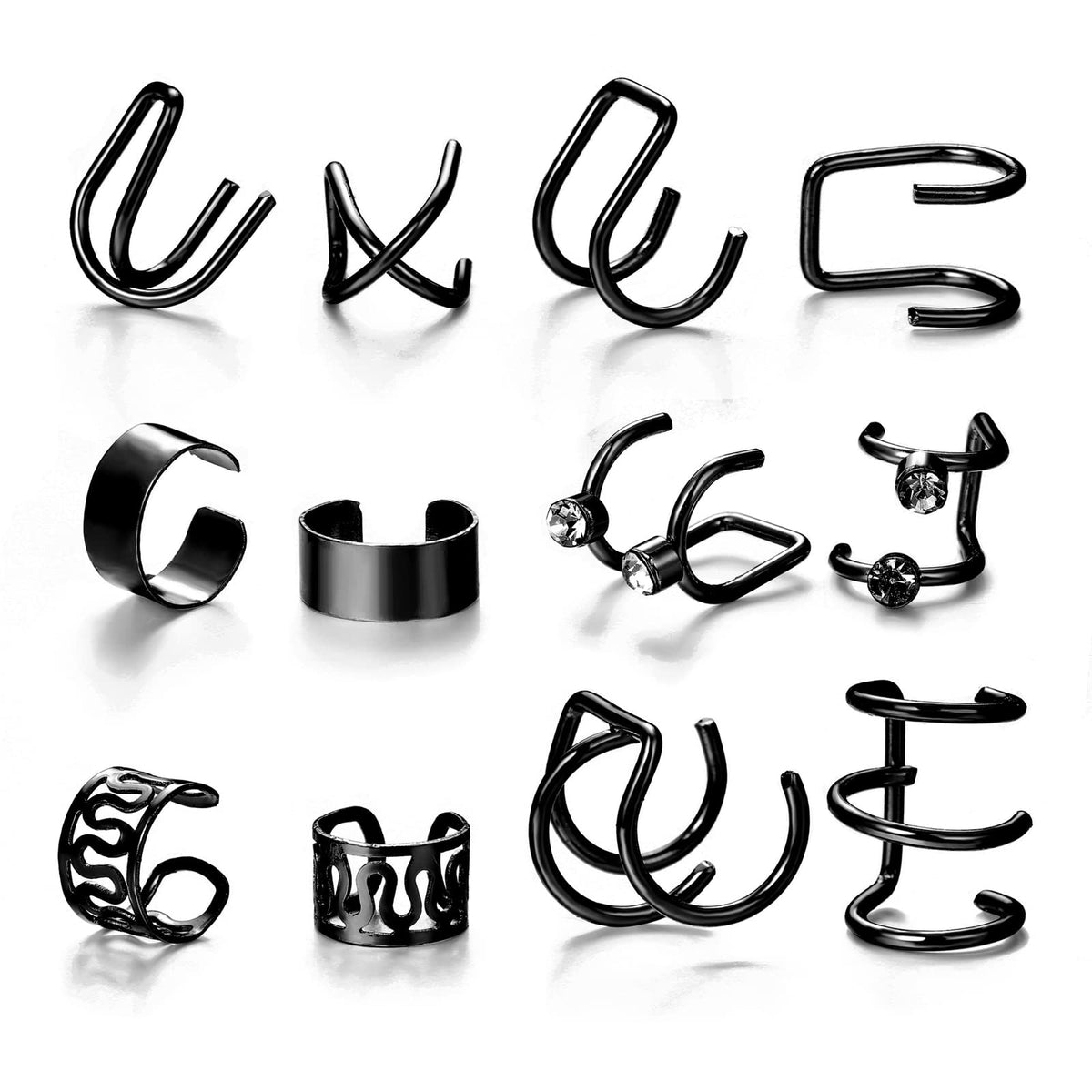 coadipress Ear Cuffs Earrings Set for Women Non-Piercing Stainless Steel Dainty Helix Cartilage Ear Clip On Wrap Earring Set Fake Nose Ring Non-Piercing Adjustable (Black)