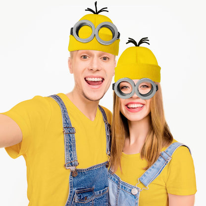 HEYFIZZ 3 Pcs Halloween Costume Accessories Adult,Goggles Glasses/Yellow Beanie/Gloves for Men Women Cosplay Party Set