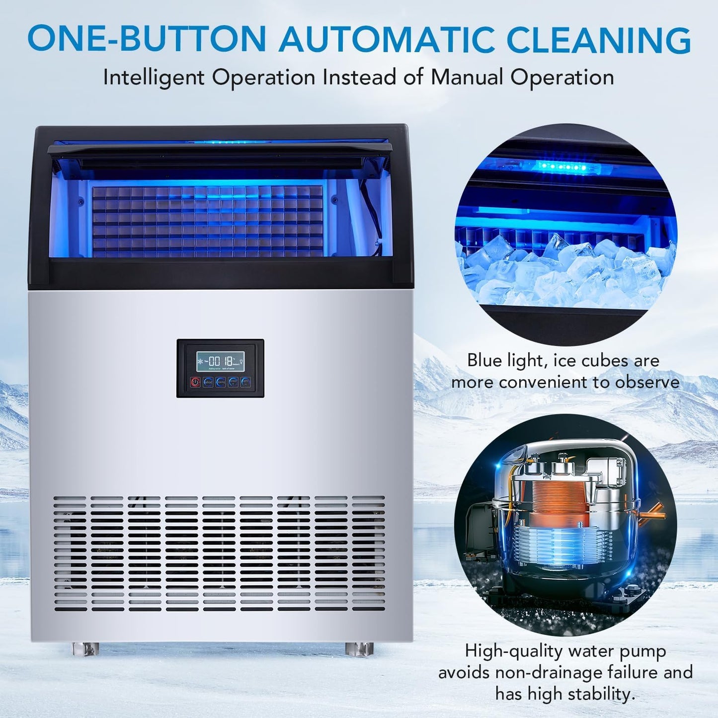High-Efficiency Commercial Ice Machine – 200 lbs/24h Production, 55 lbs Storage, 126 Cubes/12 Min, LED Panel, Built-in Filter, for Home, Office, Bar, Parties