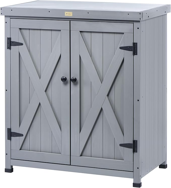 HABAU Outdoor Storage Cabinets Weatherproof for Patio, Garden Work Bench with Shelves & Metal Tabletop, Wooden Potting Table Workstation