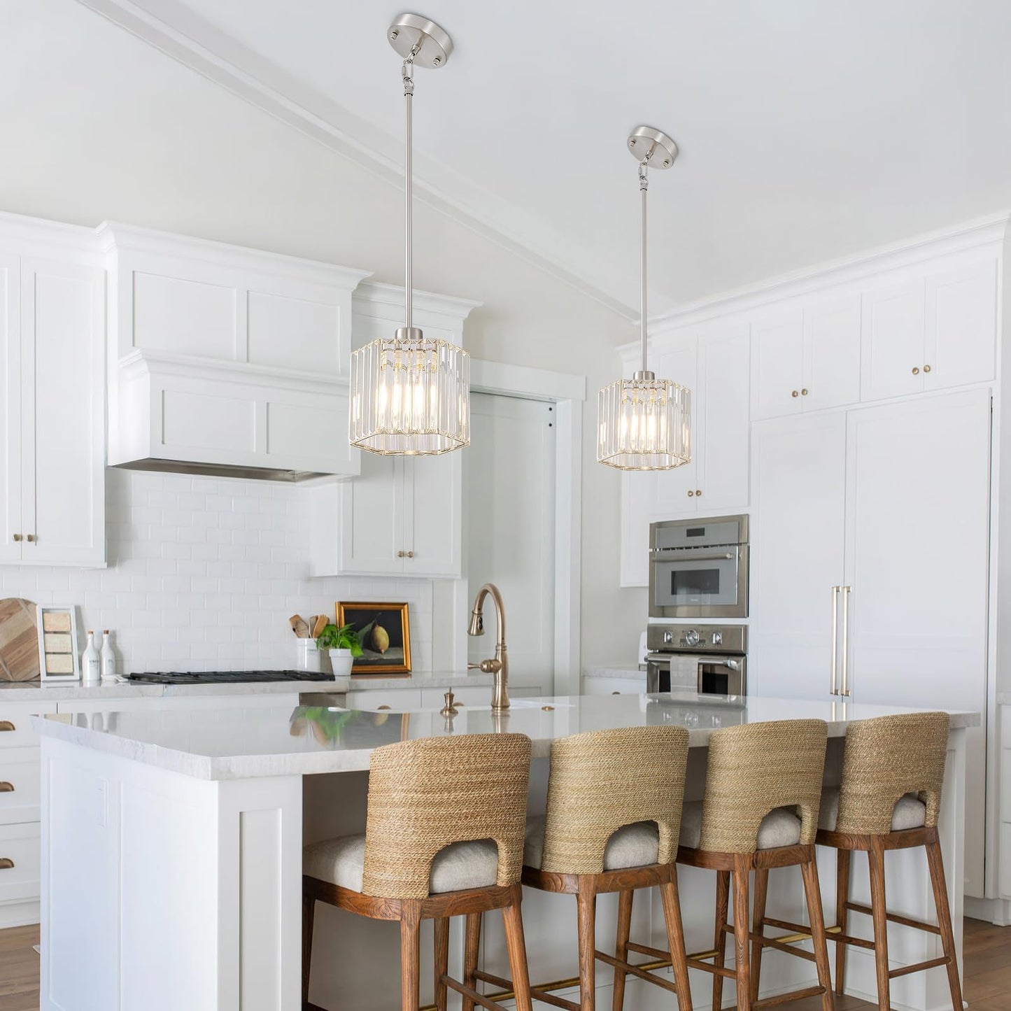XSDeTu Brushed Nickel Pendant Light Fixtures, Modern Crystal Hanging Ceiling Light, 1-Light Mini Farmhouse Chandelier, Adjustable Hexagonal Island Lights for Kitchen, Dining Room, Bedroom, 2 Pcs