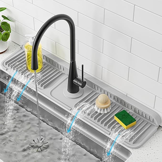 PoYang 24 inch Faucet Mat for Kitchen Sink Splash Guard, 7° Slope Silicone Sink
