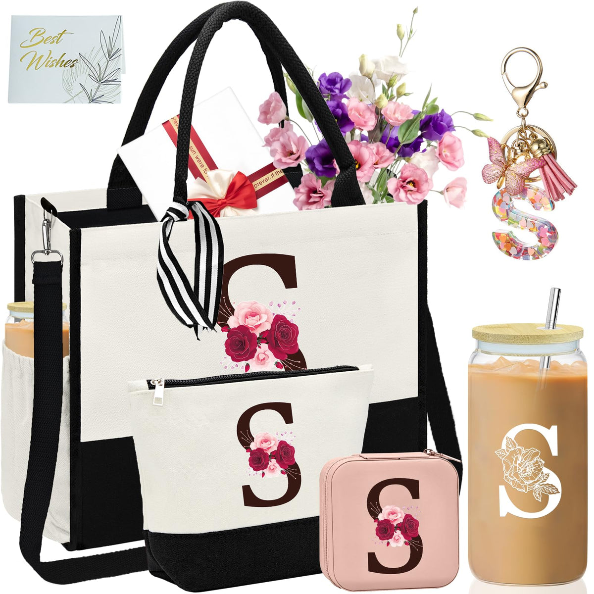 AiHeart Mother's Day Gifts,Birthday Gift for Women,Initial Canvas Tote Bag,Personalized Gifts for Women,16oz Glass Cup With Straw,Jewelry Storage Box,Monogrammed Gift for Woman Mom Sister Bestie-S