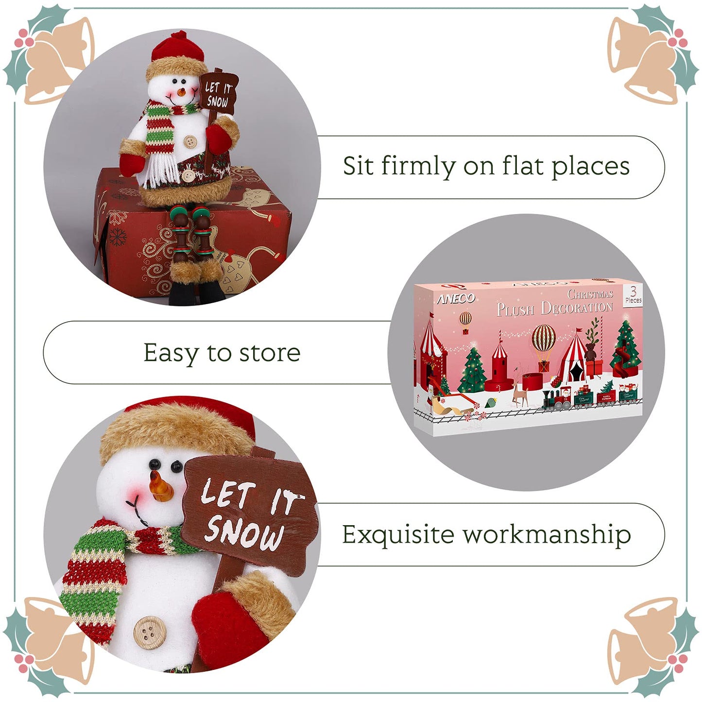Aneco 3 Pieces Table Top Christmas Decorations Cute Christmas Sitting Santa Snowman Reindeer Doll Long Legs Christmas Ornament for Home Decoration