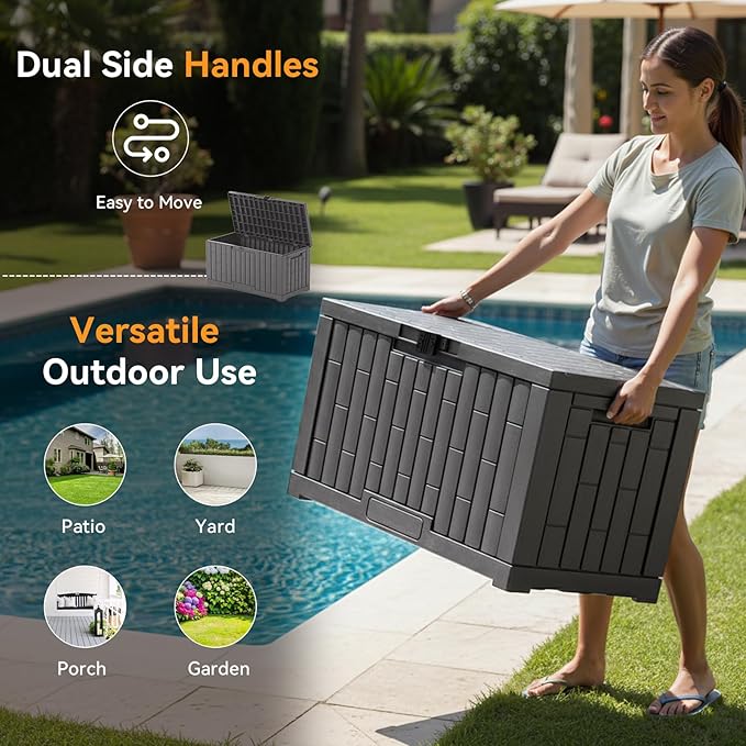 NEWBULIG 60 Gallon Deck Box, Waterproof Outdoor Storage Box with Lockable Lid, Patio Furniture Bench & Side Table, Outside Storage Container, Tool-Free Assembly, for Garden, Pool, Grey