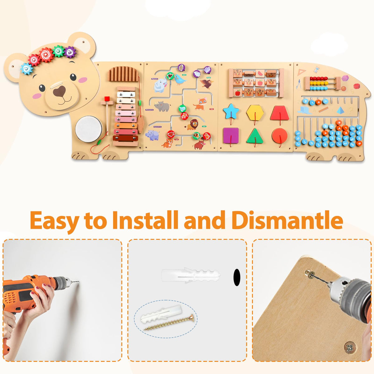 5FT Large Bear Activity Wall Busy Board Wooden Sensory Wall Panel Educational Montessori Toys for Toddler Kids Interactive Sensory Activity Board Learning Center Playroom Daycare Nursery Decor