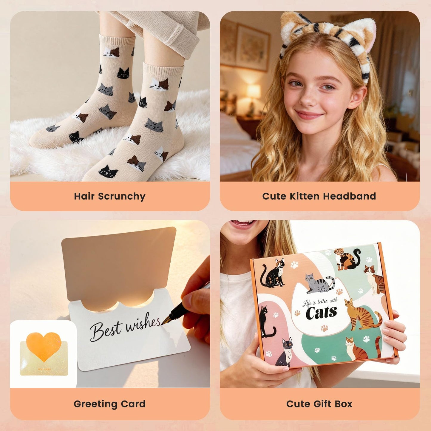 SNAIL GARDEN 10PCS Cat Gifts for Cat Lovers, Cat Gifts for Women with Ceramic Mug, Coaster, Coin Purse, Headband, Keychain, Socks, 3D Miniature Sticker, Cat Mini Box, Greeting Card & Gift Box