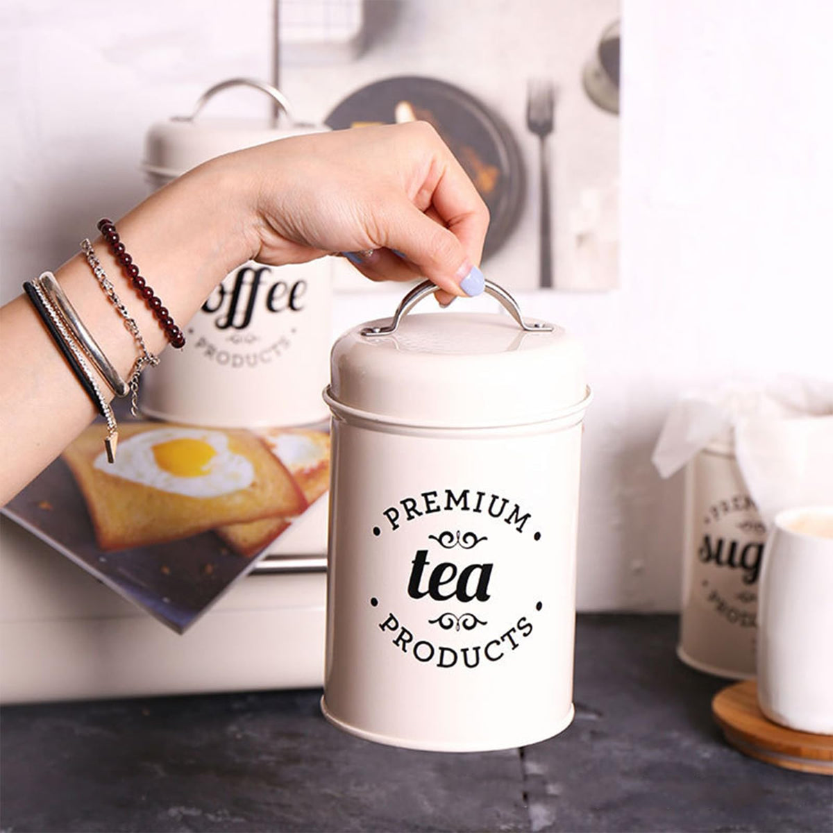 Hedume Set of 3 Airtight Kitchen Canister Decorations with Lids, Coffee, Tea, Sugar Metal Containers, Decorative Nesting Kitchen Canister Jars, Food Storage