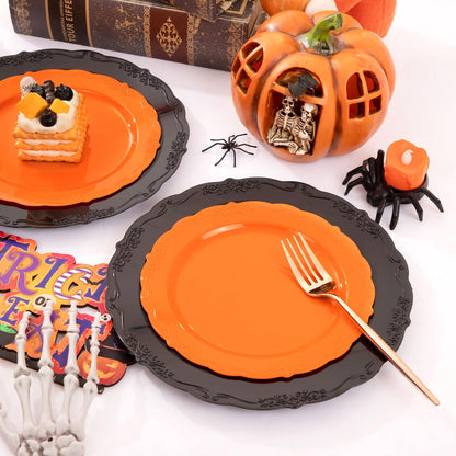 U-QE 60 Pieces Halloween Plastic Plates - Orange and Black Plates Disposable for Party - Halloween Party Supplies Including 30 Black Plastic Plate 10'' & 30 Orange Plate 7.5 ''